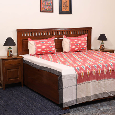 Red - handloom cotton pochampally ikat double bedsheet set