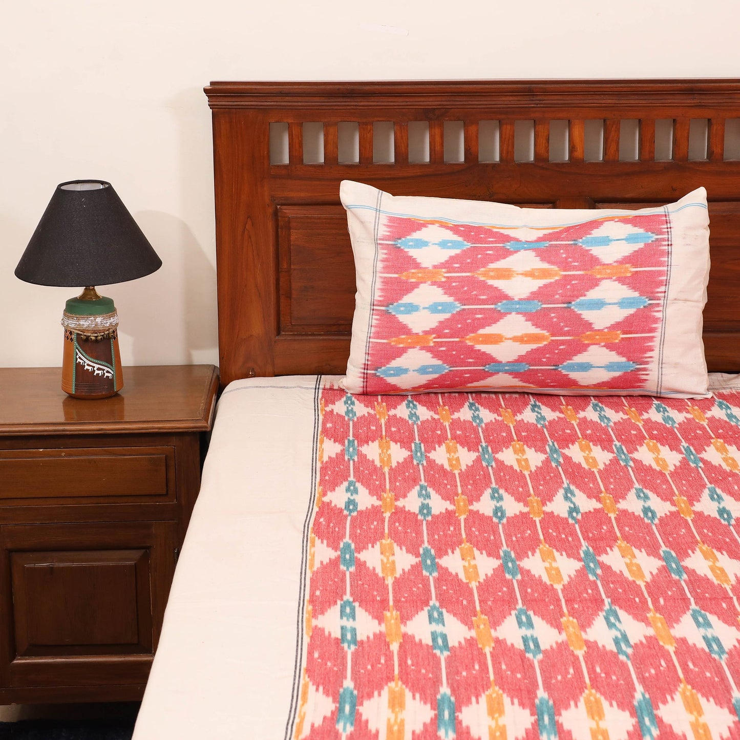 Red - handloom cotton pochampally ikat double bedsheet set