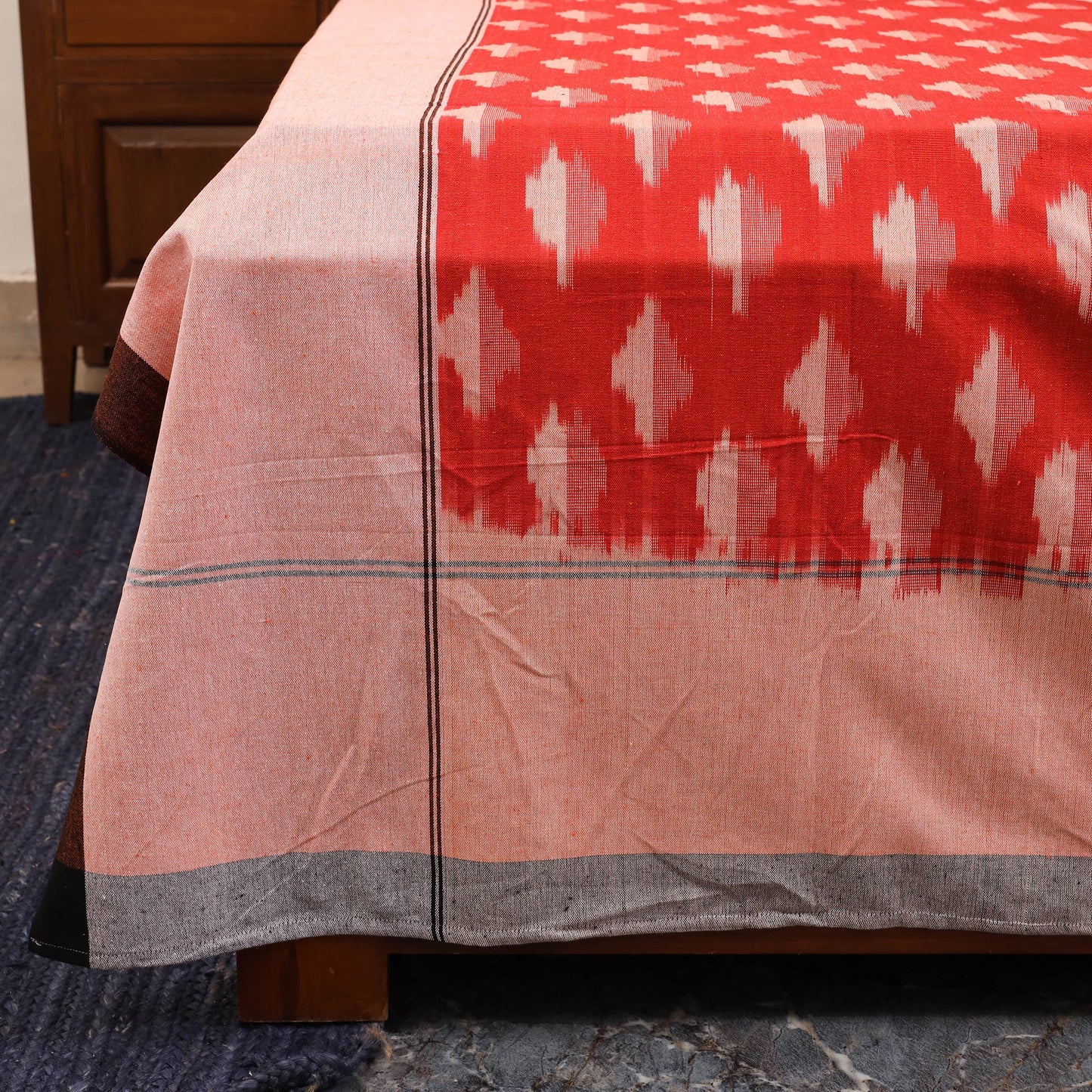 Red - handloom cotton pochampally ikat double bedsheet set