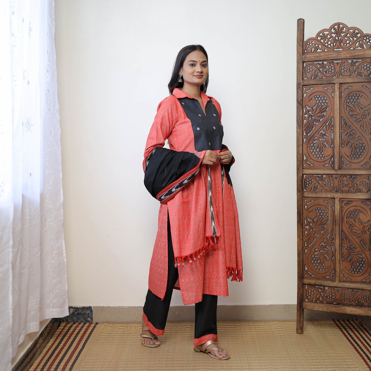 Buy Red Handloom Cotton Pochampally Ikat Kurta Set