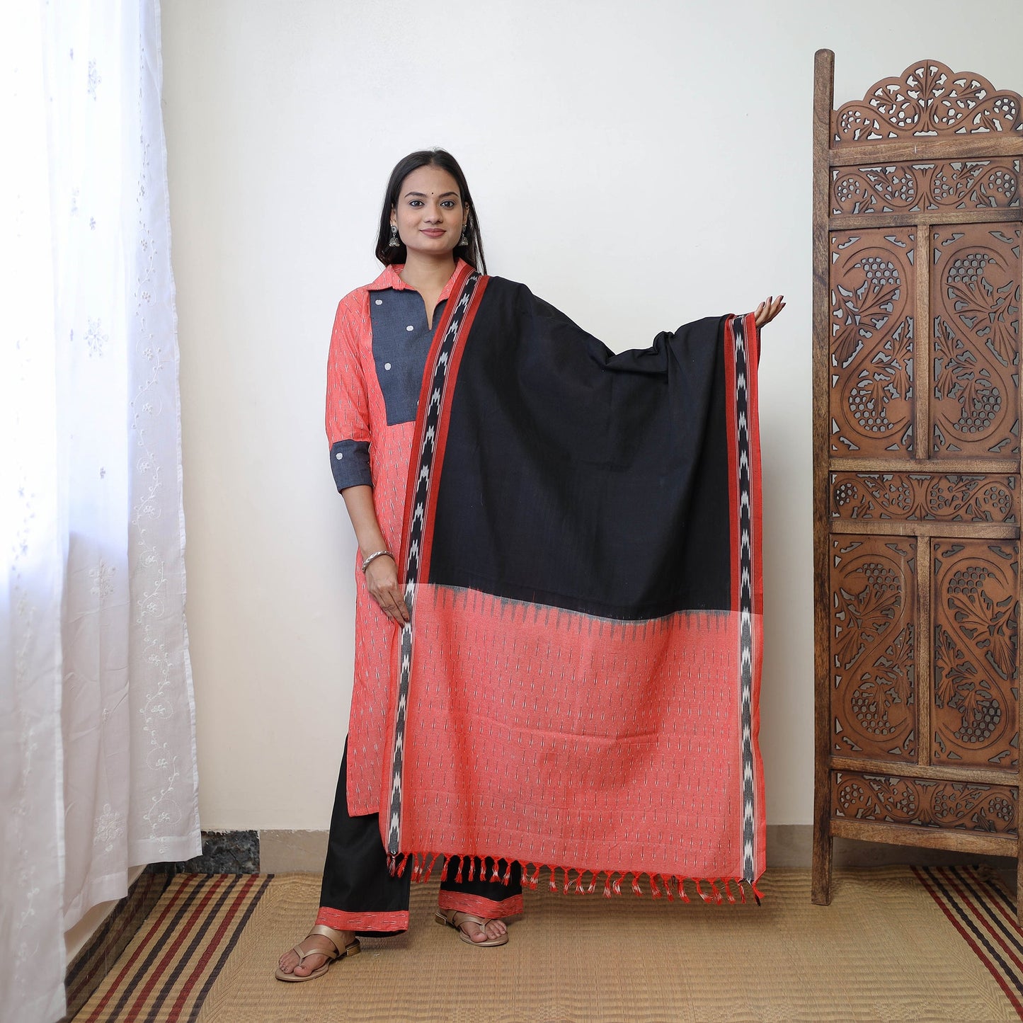 Buy Red Handloom Cotton Pochampally Ikat Kurta Set