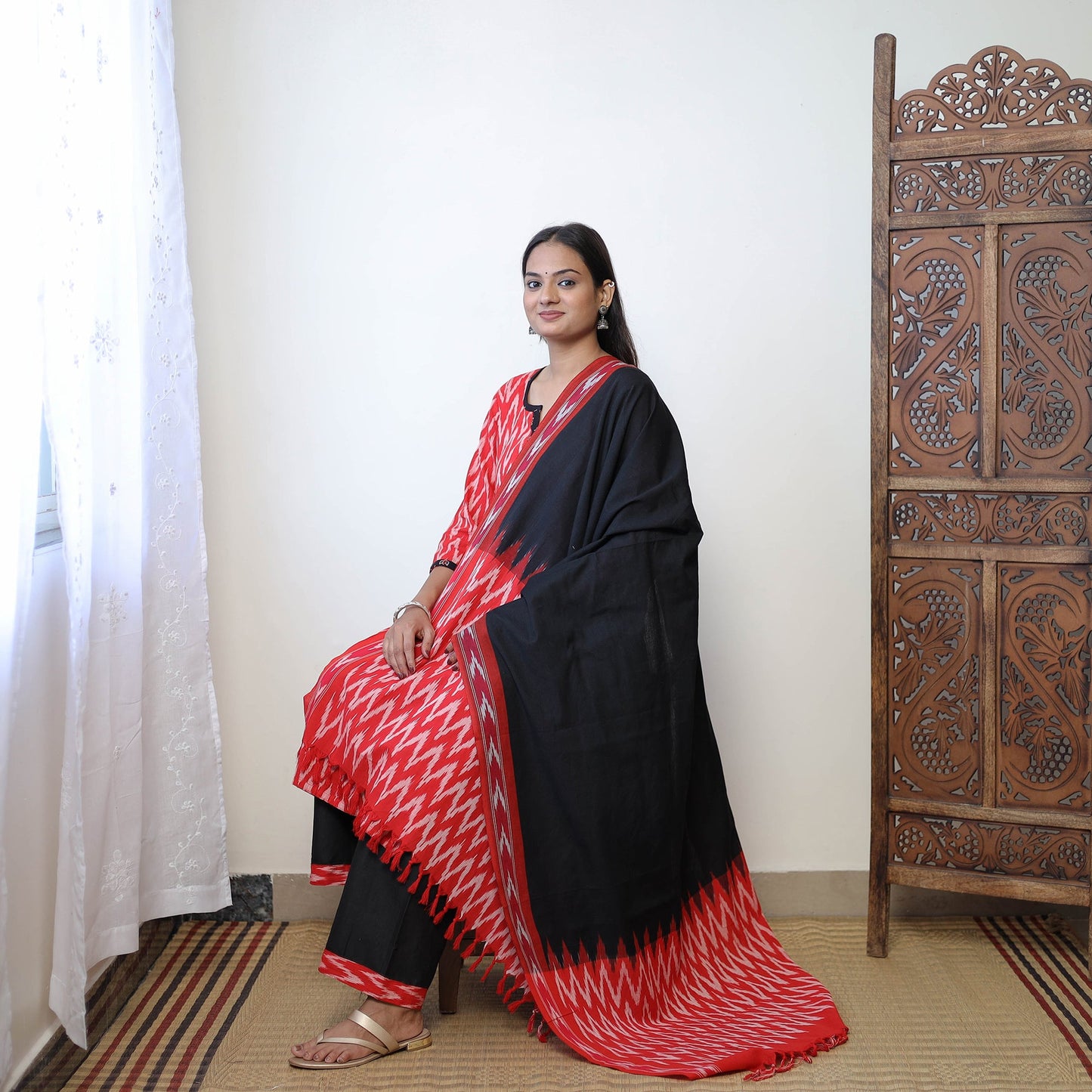  Red Handloom Cotton Pochampally Ikat Kurta Set 