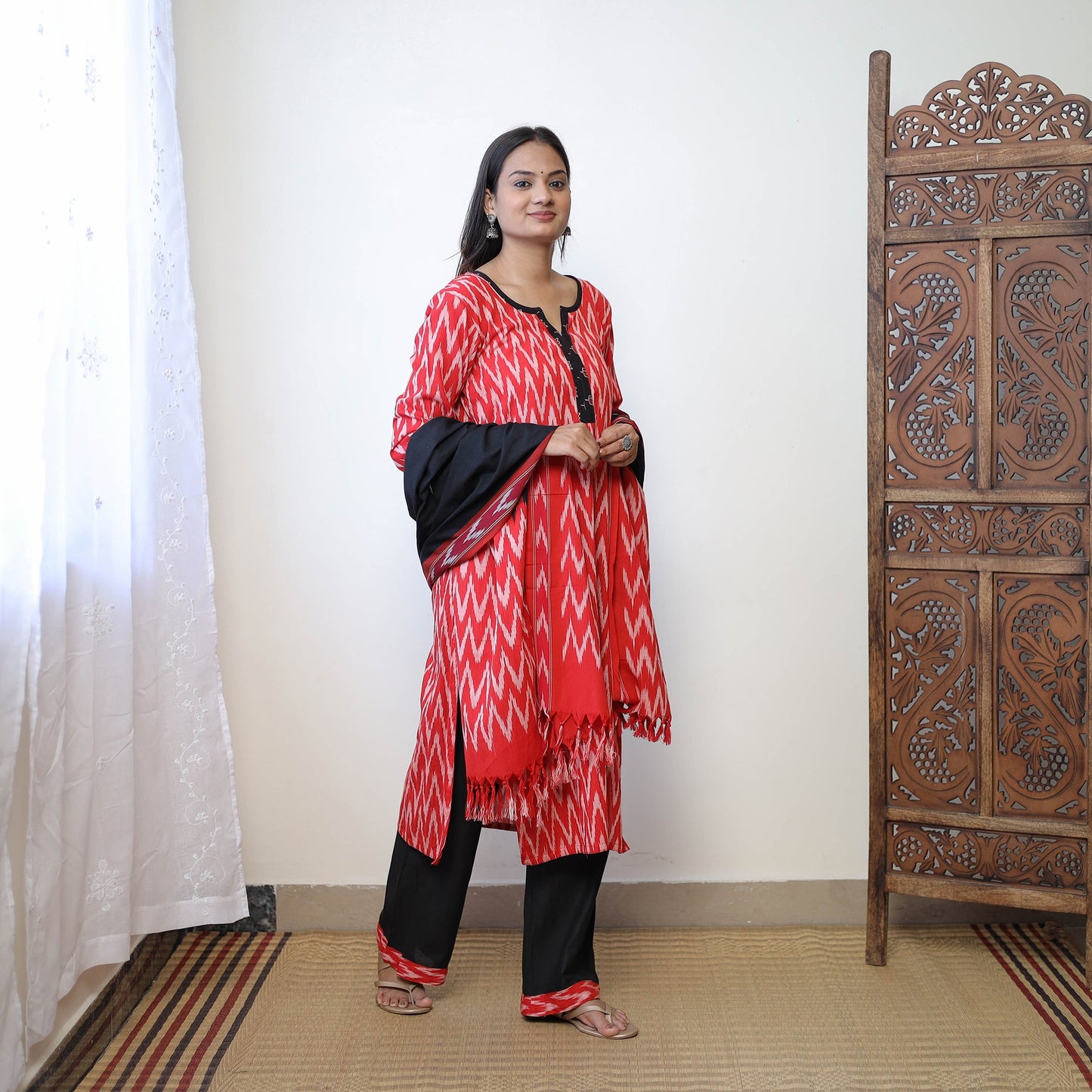  Red Handloom Cotton Pochampally Ikat Kurta Set 
