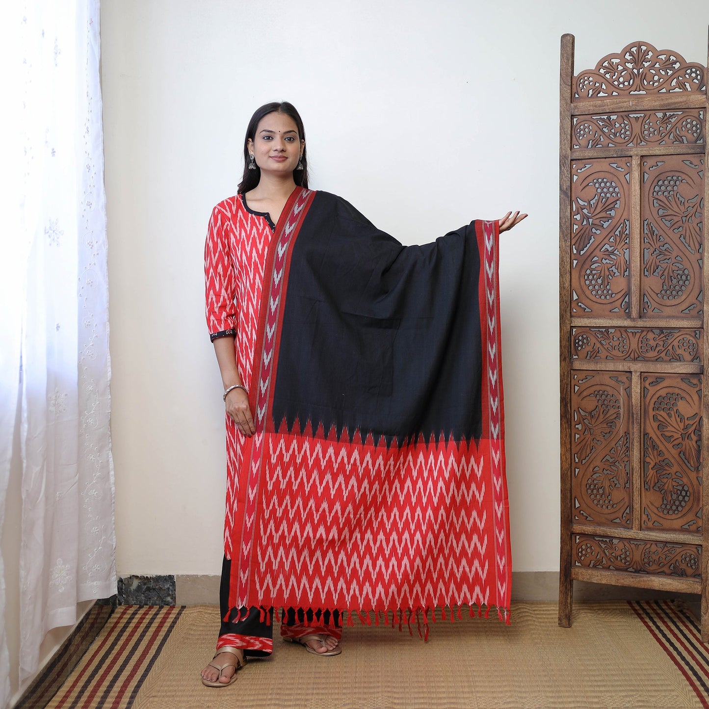  Red Handloom Cotton Pochampally Ikat Kurta Set 