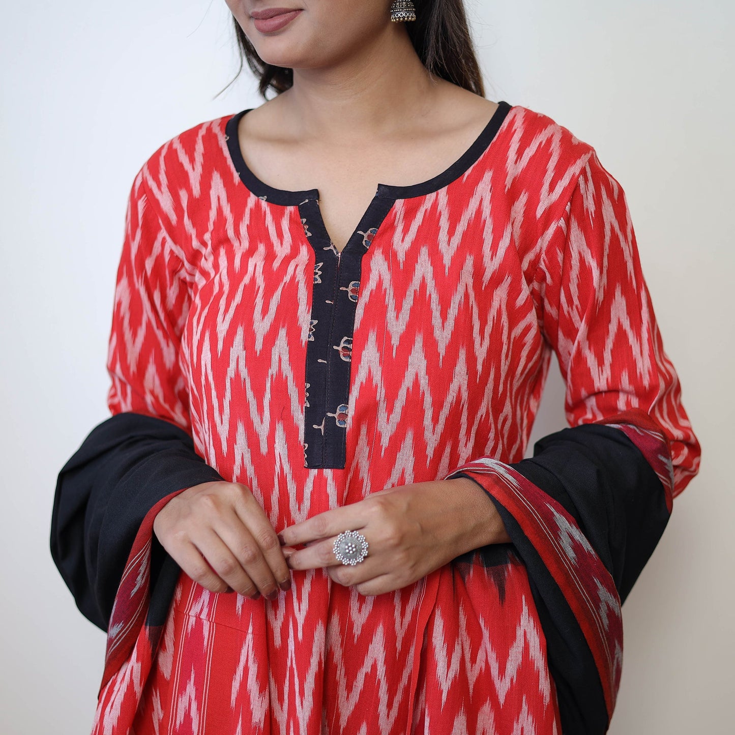  Red Handloom Cotton Pochampally Ikat Kurta Set 