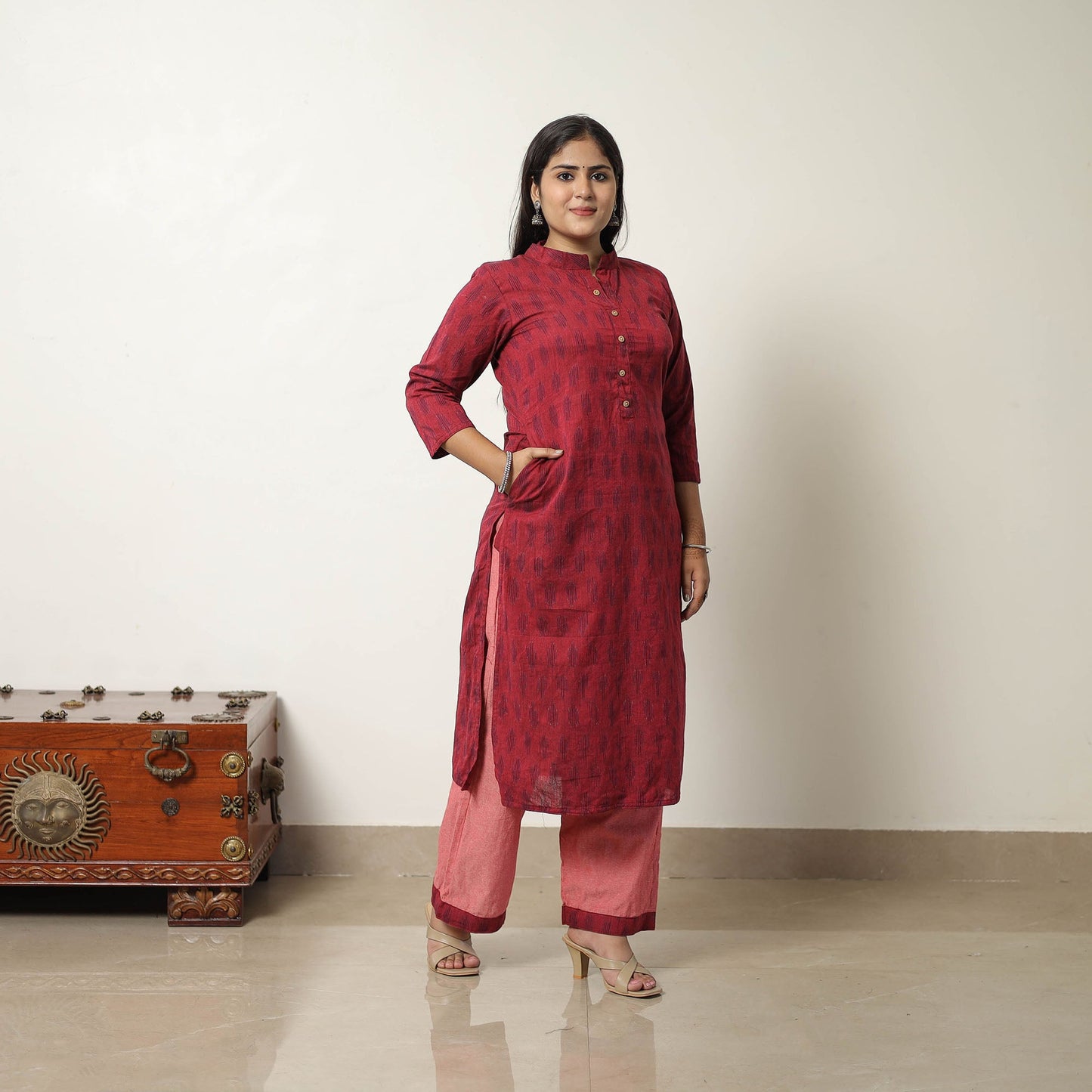Buy Red Handloom Cotton Pochampally Ikat Kurta Set Online