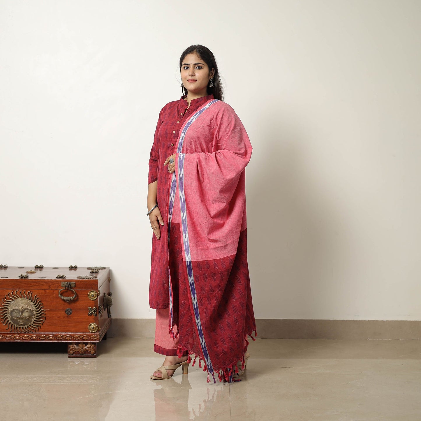Buy Red Handloom Cotton Pochampally Ikat Kurta Set Online