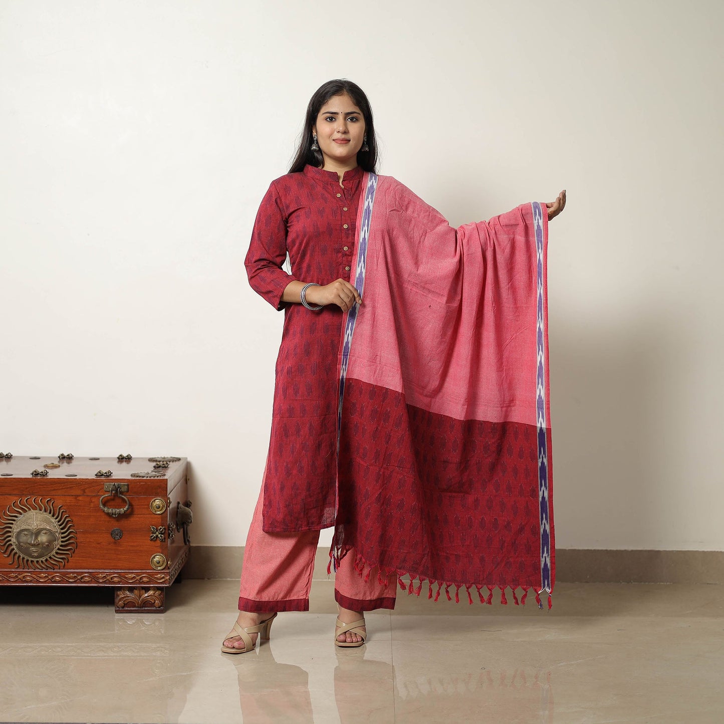Buy Red Handloom Cotton Pochampally Ikat Kurta Set Online