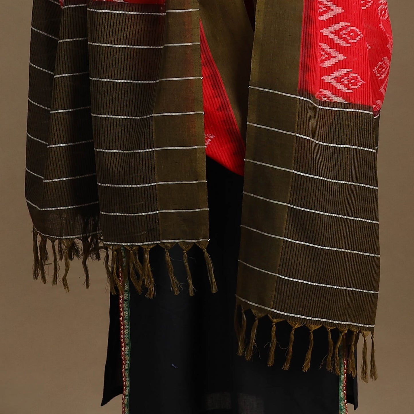 Red - Handloom Cotton Pochampally Missing Ikat Dupatta 15