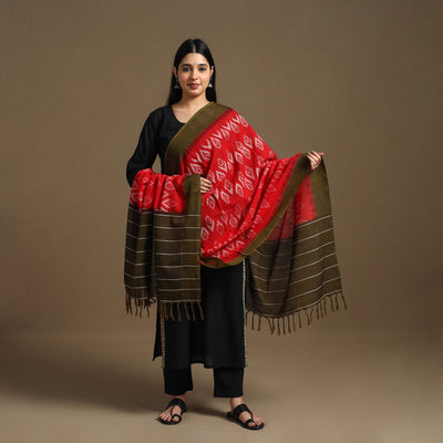 Red - Handloom Cotton Pochampally Missing Ikat Dupatta 15