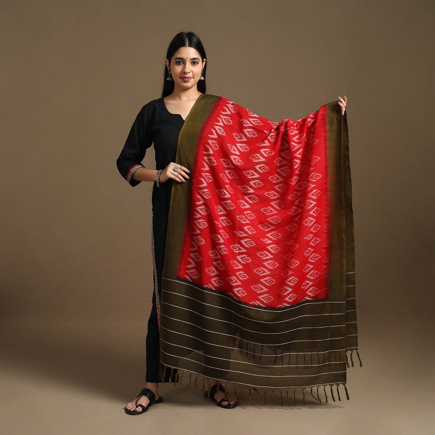 Red - Handloom Cotton Pochampally Missing Ikat Dupatta 15