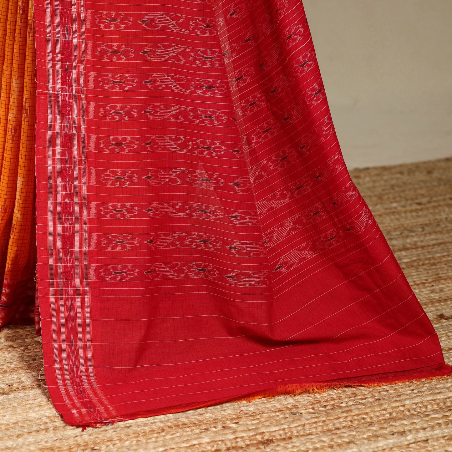 Yellow - red - handloom cotton sambalpuri ikat saree 01
