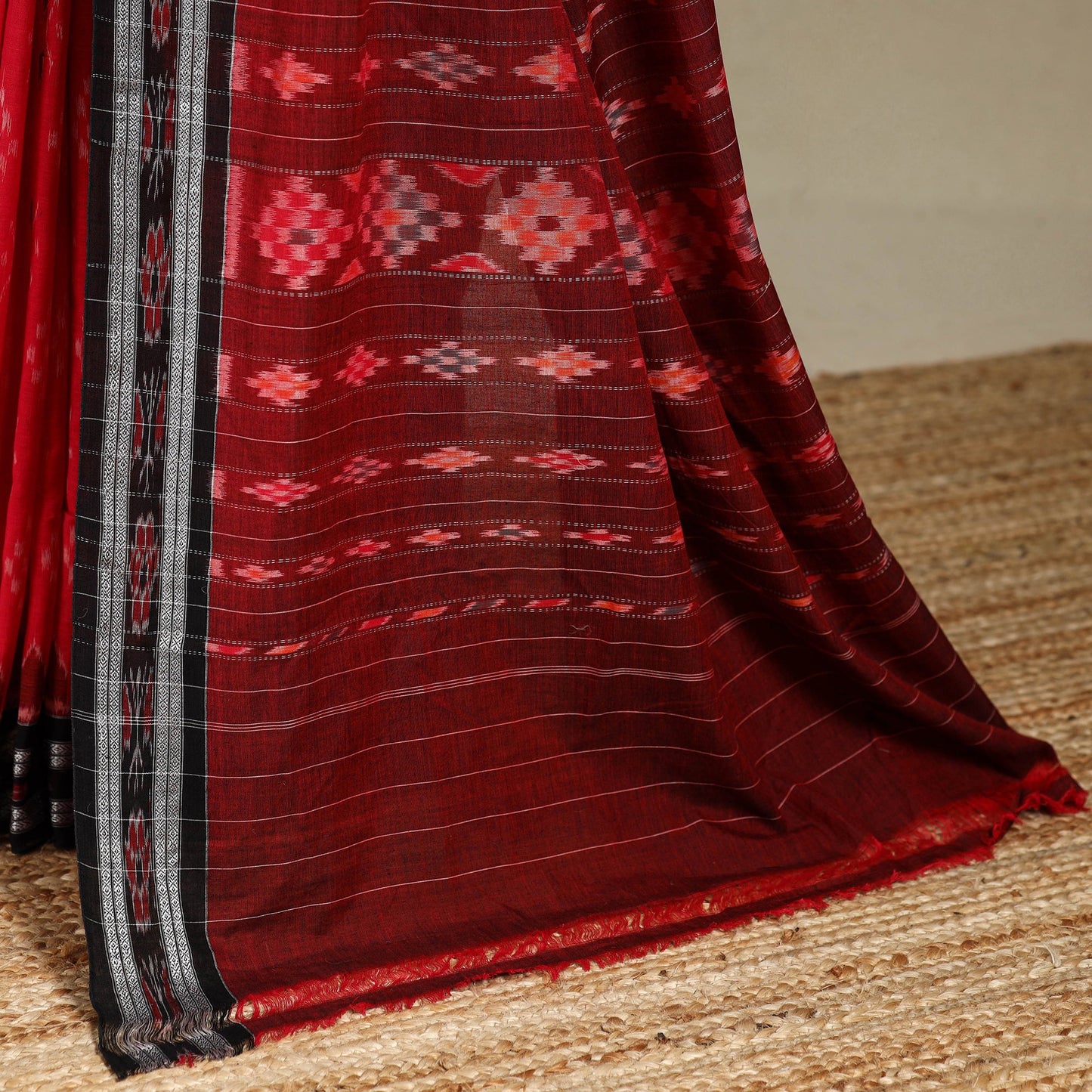 Red - handloom cotton sambalpuri ikat saree 11 - handcrafted