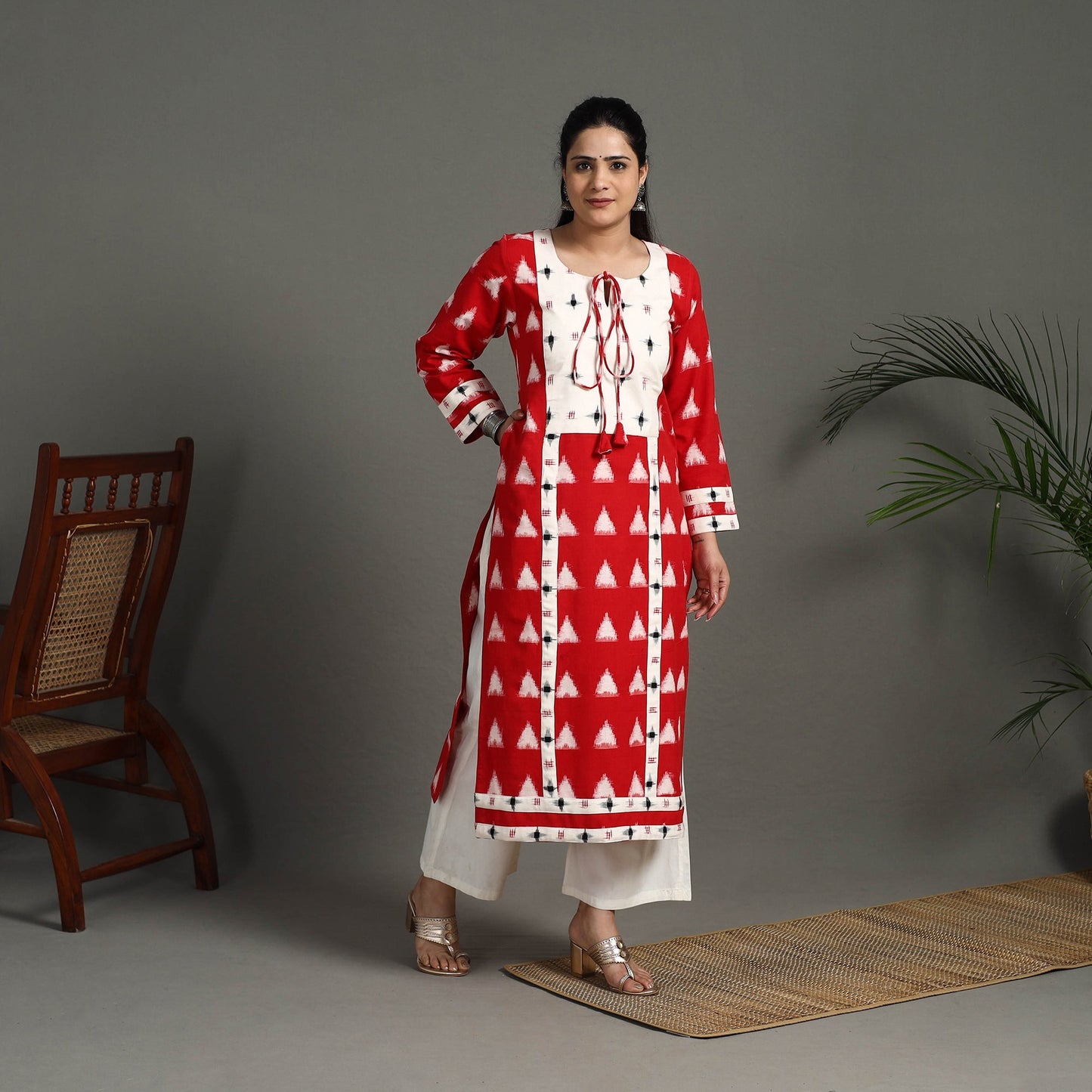 Red Handloom Cotton Straight Pochampally Double Ikat Kurta for Women