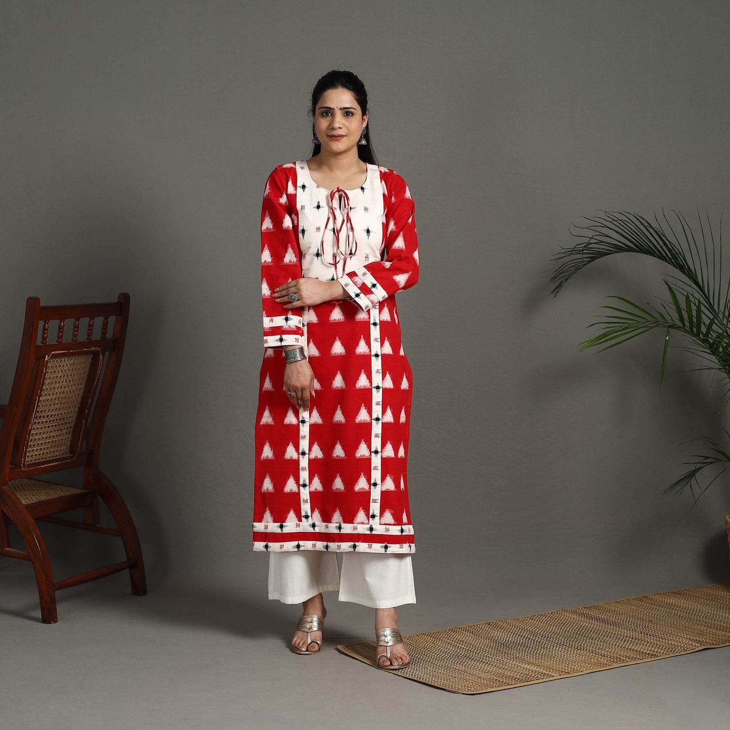 Red Handloom Cotton Straight Pochampally Double Ikat Kurta for Women