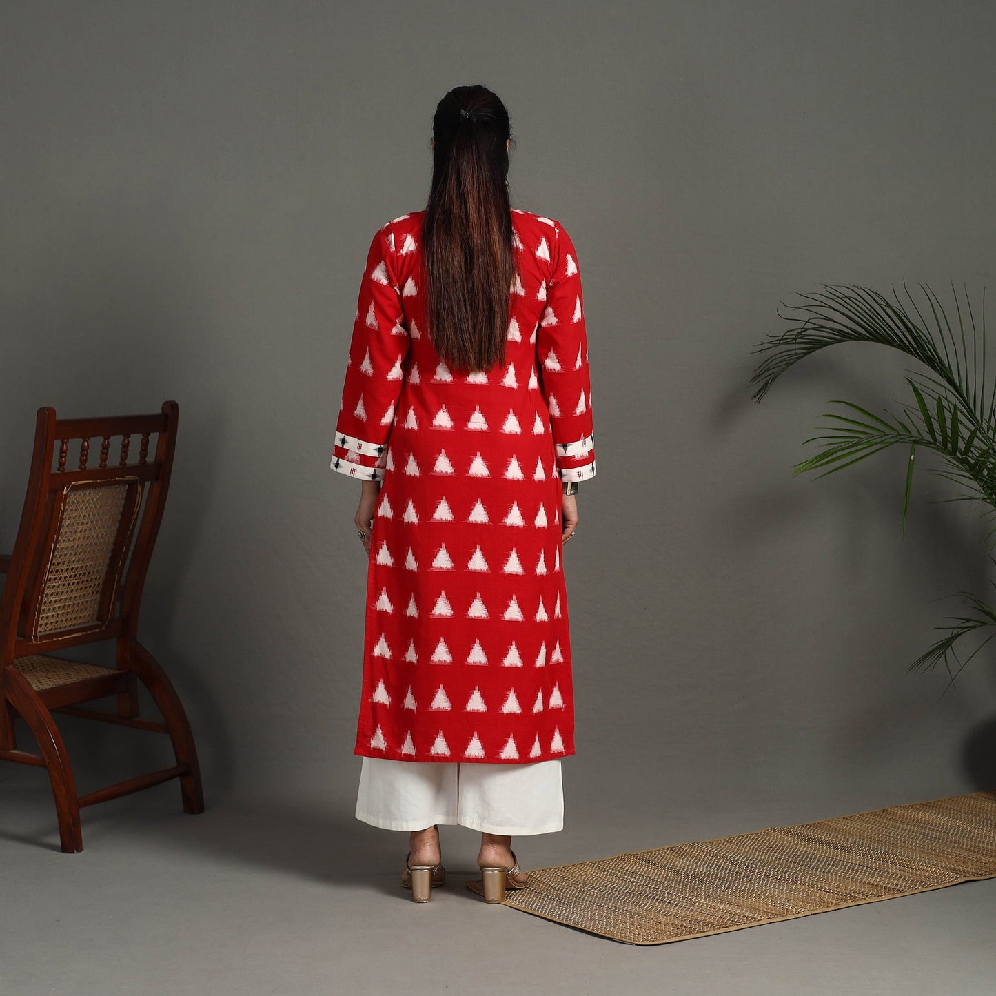 Red Handloom Cotton Straight Pochampally Double Ikat Kurta for Women