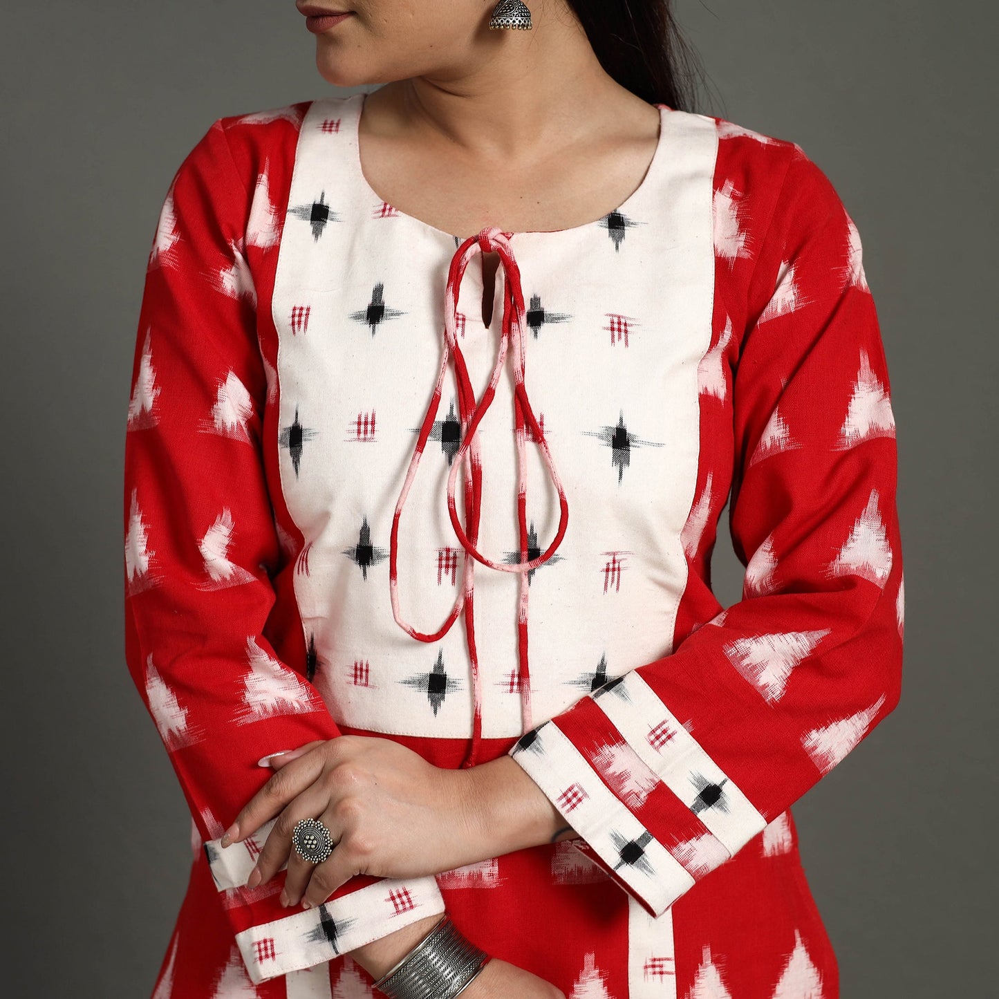 Red Handloom Cotton Straight Pochampally Double Ikat Kurta for Women
