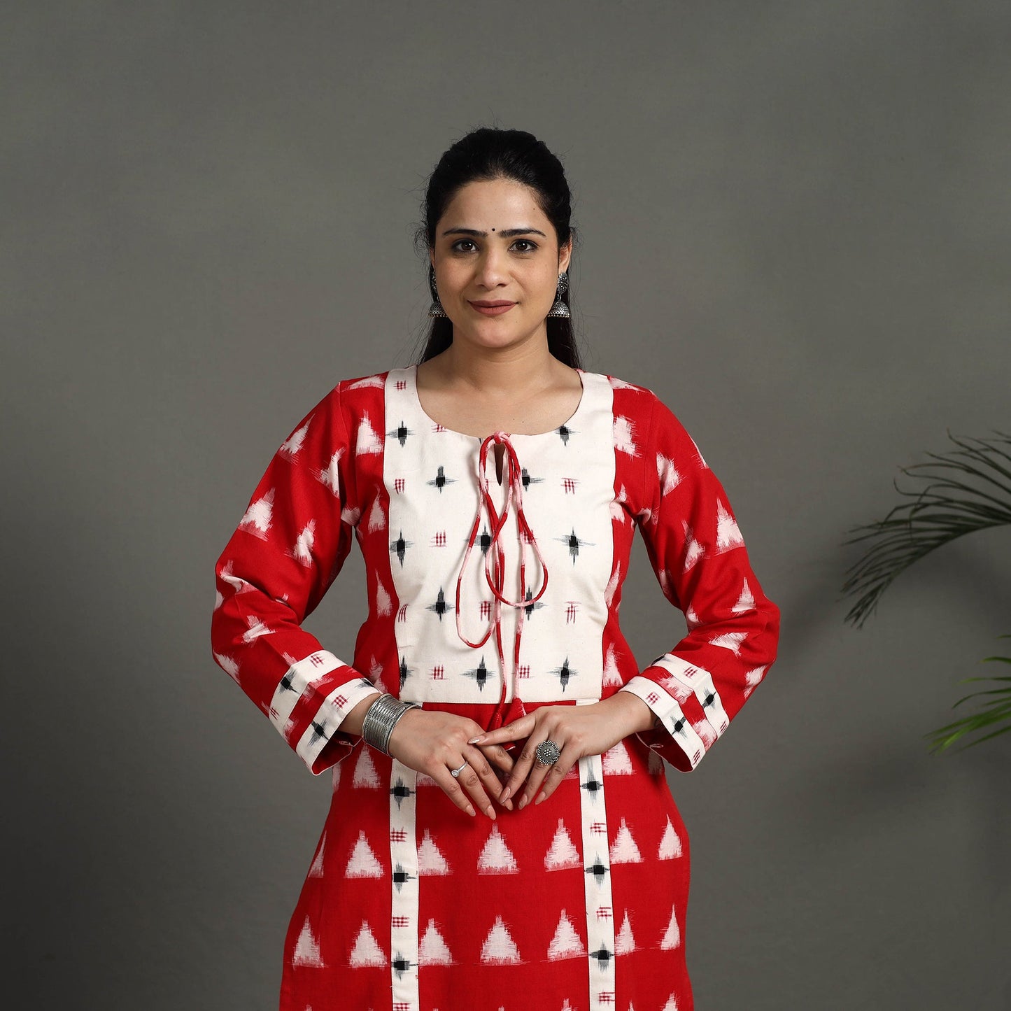 Red Handloom Cotton Straight Pochampally Double Ikat Kurta for Women