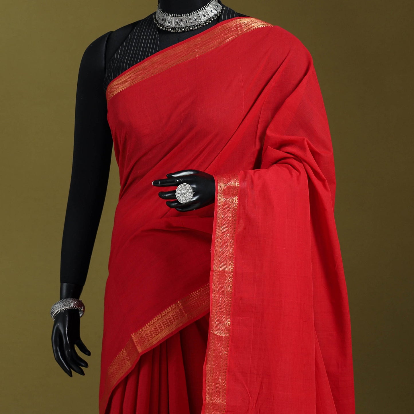 Red - handloom cotton zari border mangalagiri saree 05