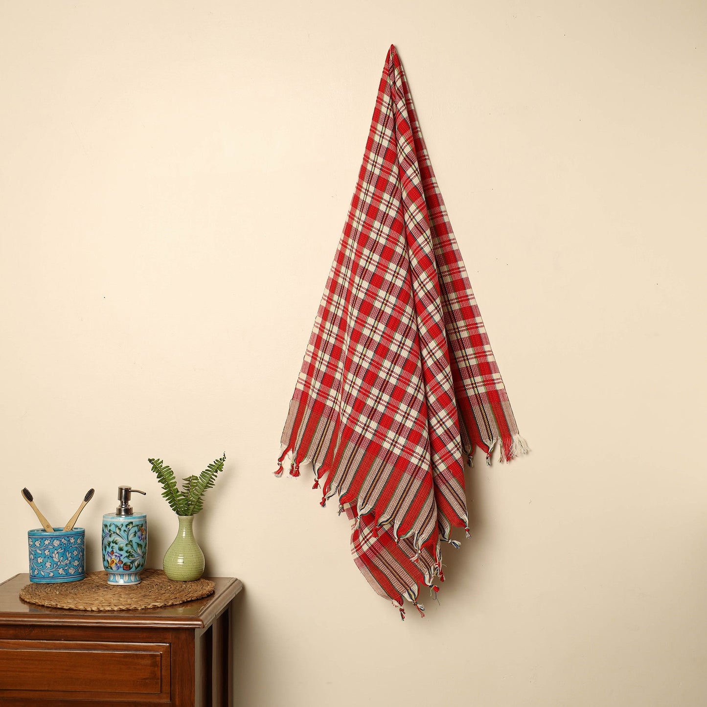  Red Handloom Fine Cotton Checks Bath Towel