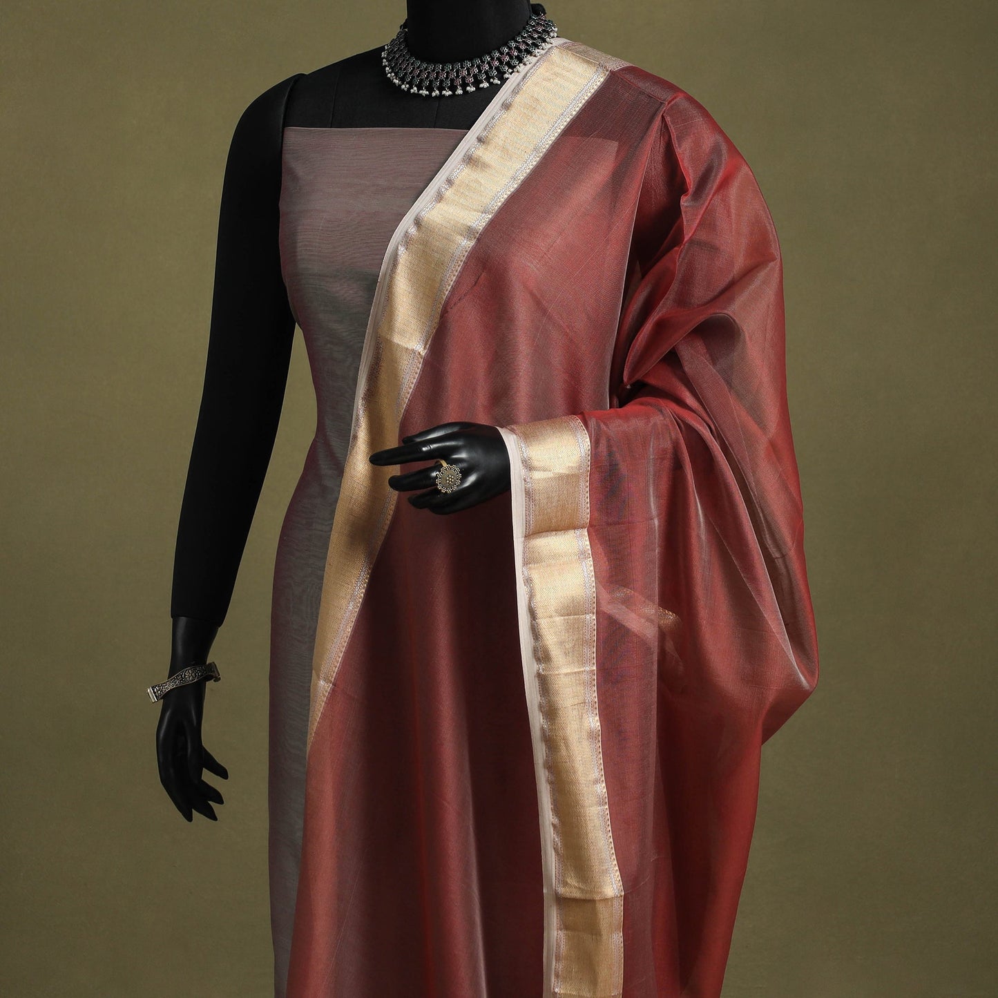 Red - handloom silk cotton maheshwari dupatta 55