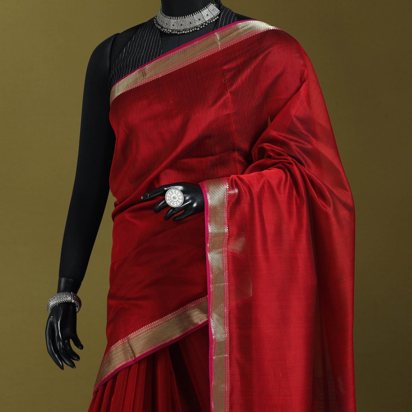 Red - handloom silk cotton maheshwari saree with zari