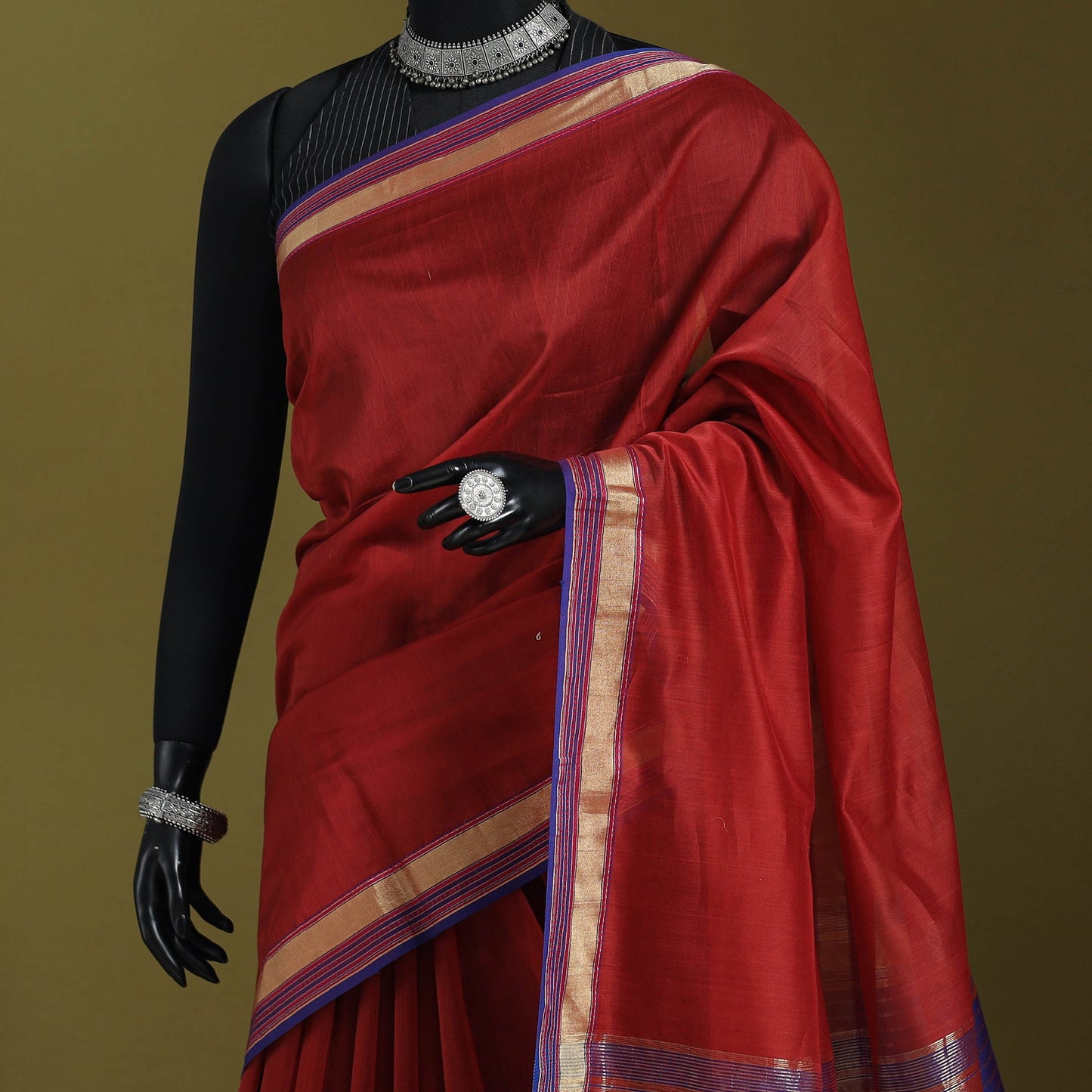 Red - handloom silk cotton maheshwari saree with zari