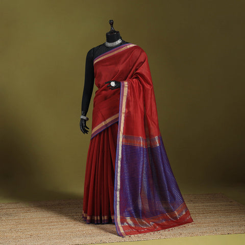 Red - handloom silk cotton maheshwari saree with zari