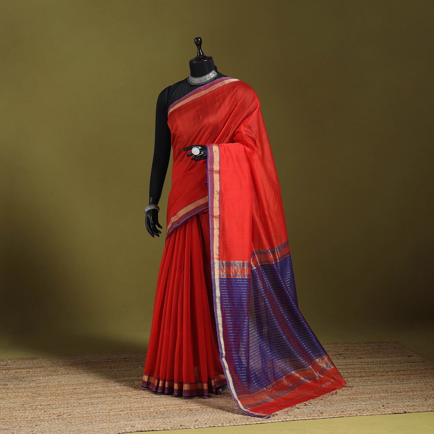 Red - handloom silk cotton maheshwari saree with zari