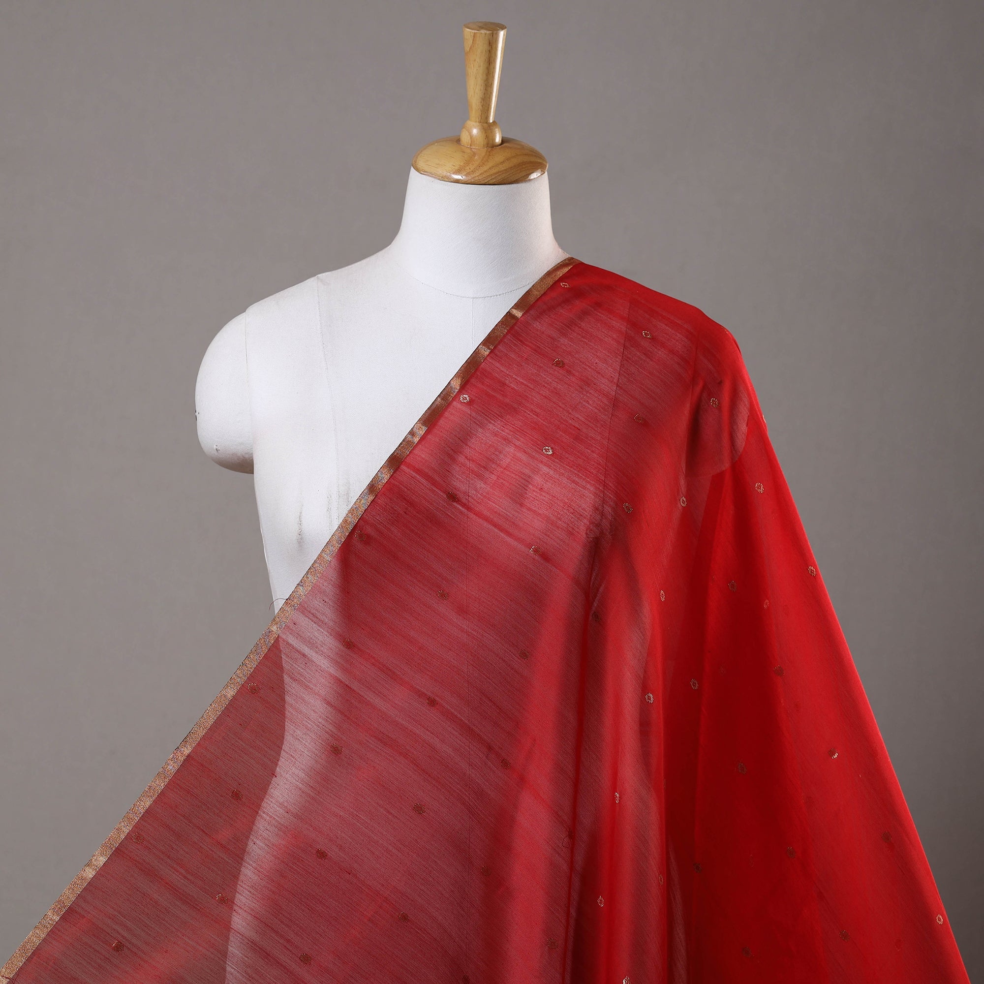 Buti Rug Mage Red Handloom Silk Cotton Zari Buti Chanderi Fabric