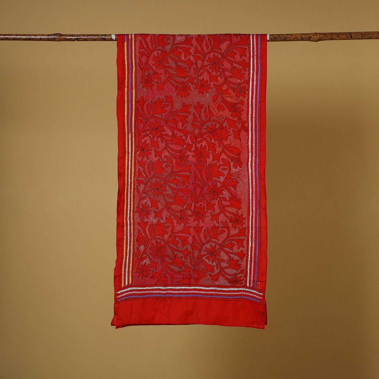 Red - handloom tussar silk bengal kantha work stole 10