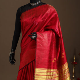 Red - handloom tussar silk zari border bhagalpuri saree 14