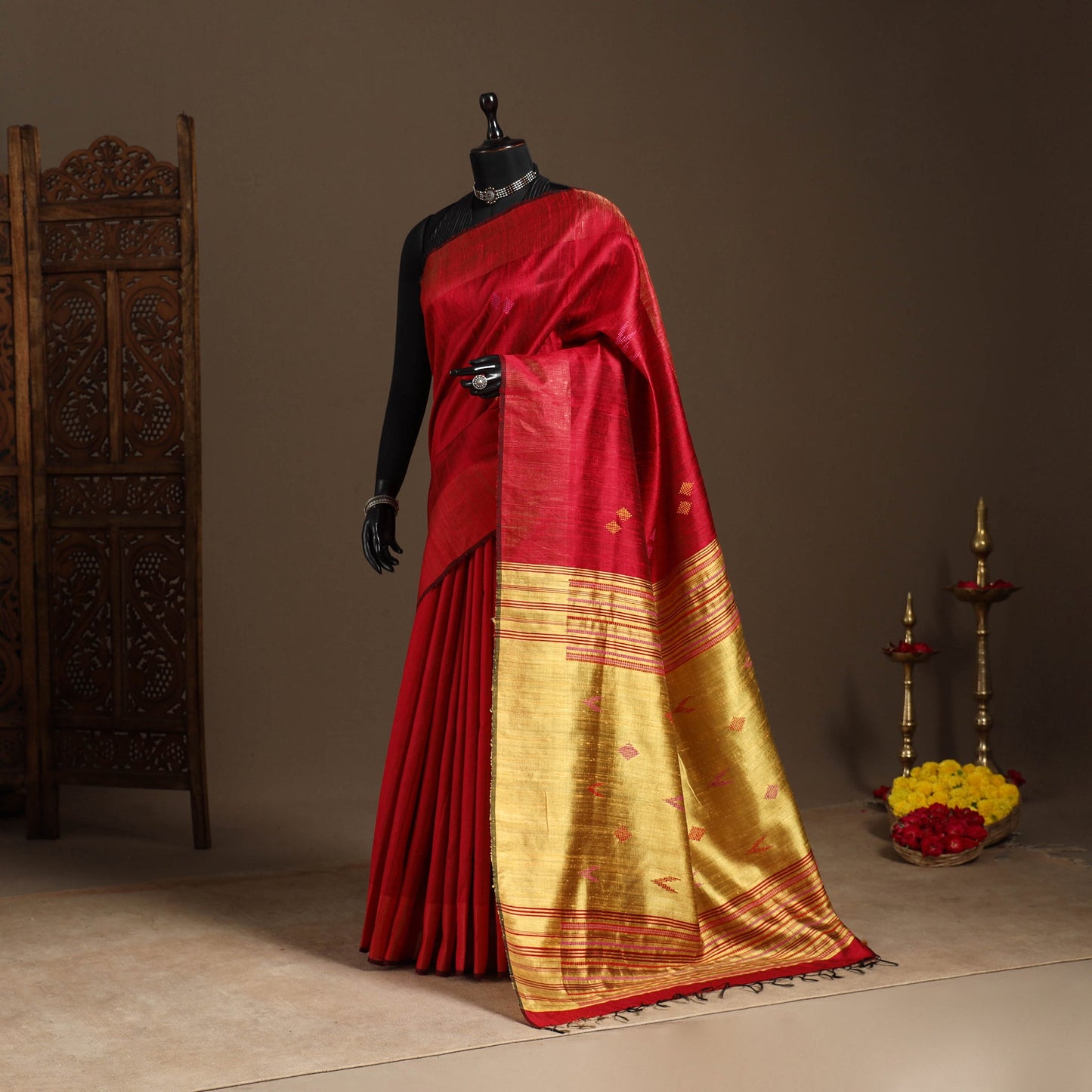 Red - handloom tussar silk zari border bhagalpuri saree 14