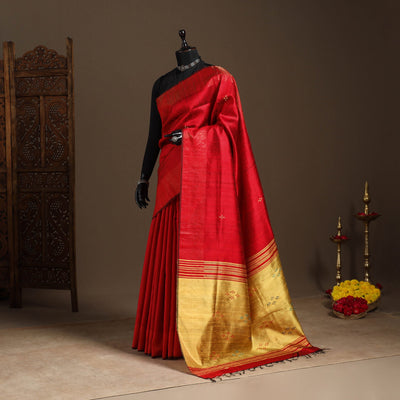 Red - handloom tussar silk zari border bhagalpuri saree 15
