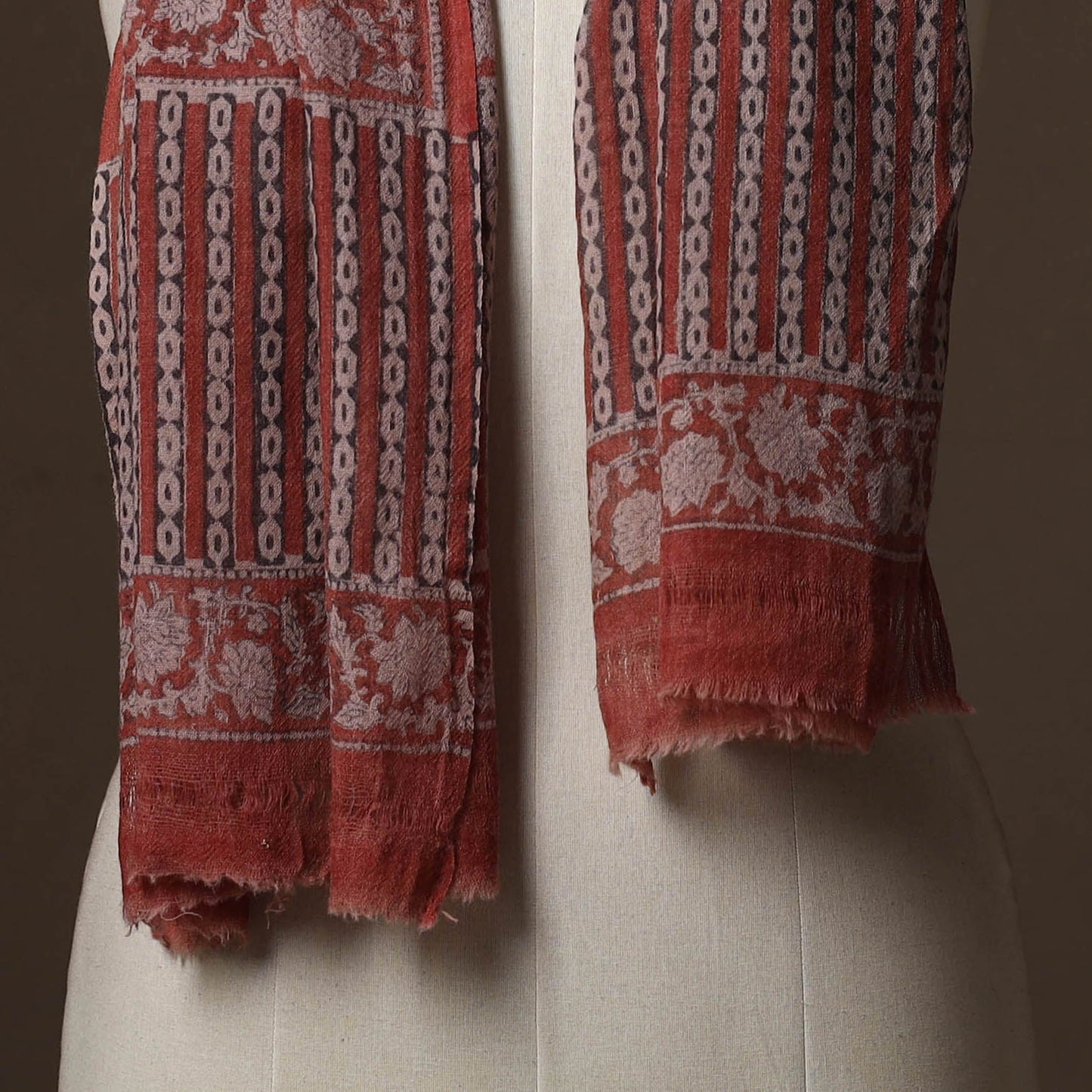 Maroon - handloom woolen natural dyed bagru stole 05
