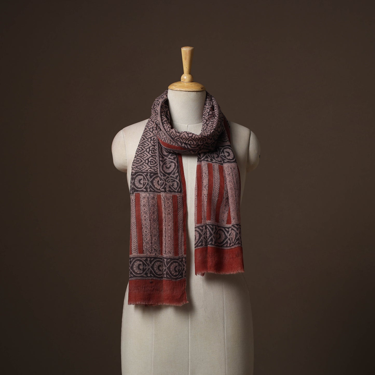 Maroon - handloom woolen natural dyed bagru stole 06