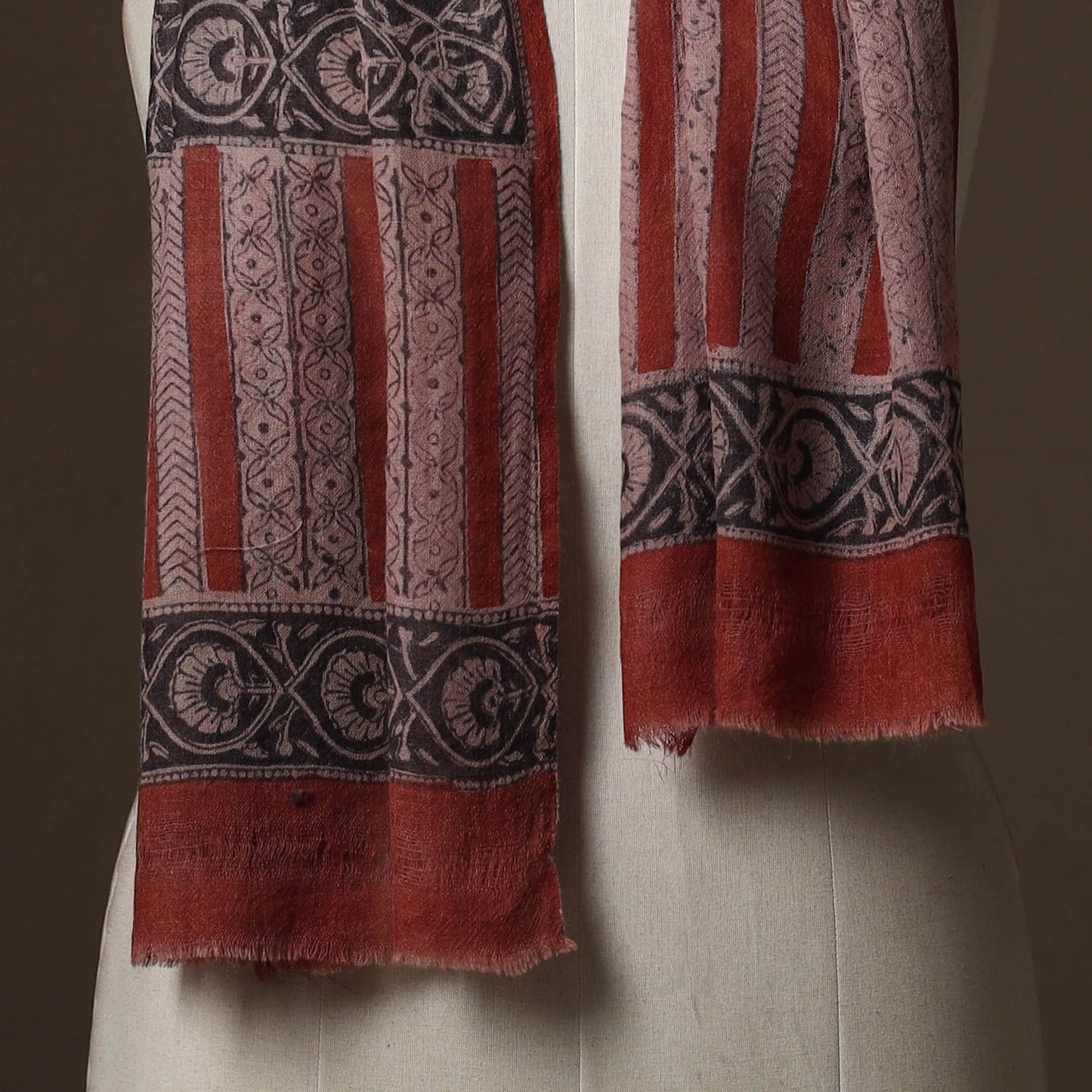 Maroon - handloom woolen natural dyed bagru stole 06