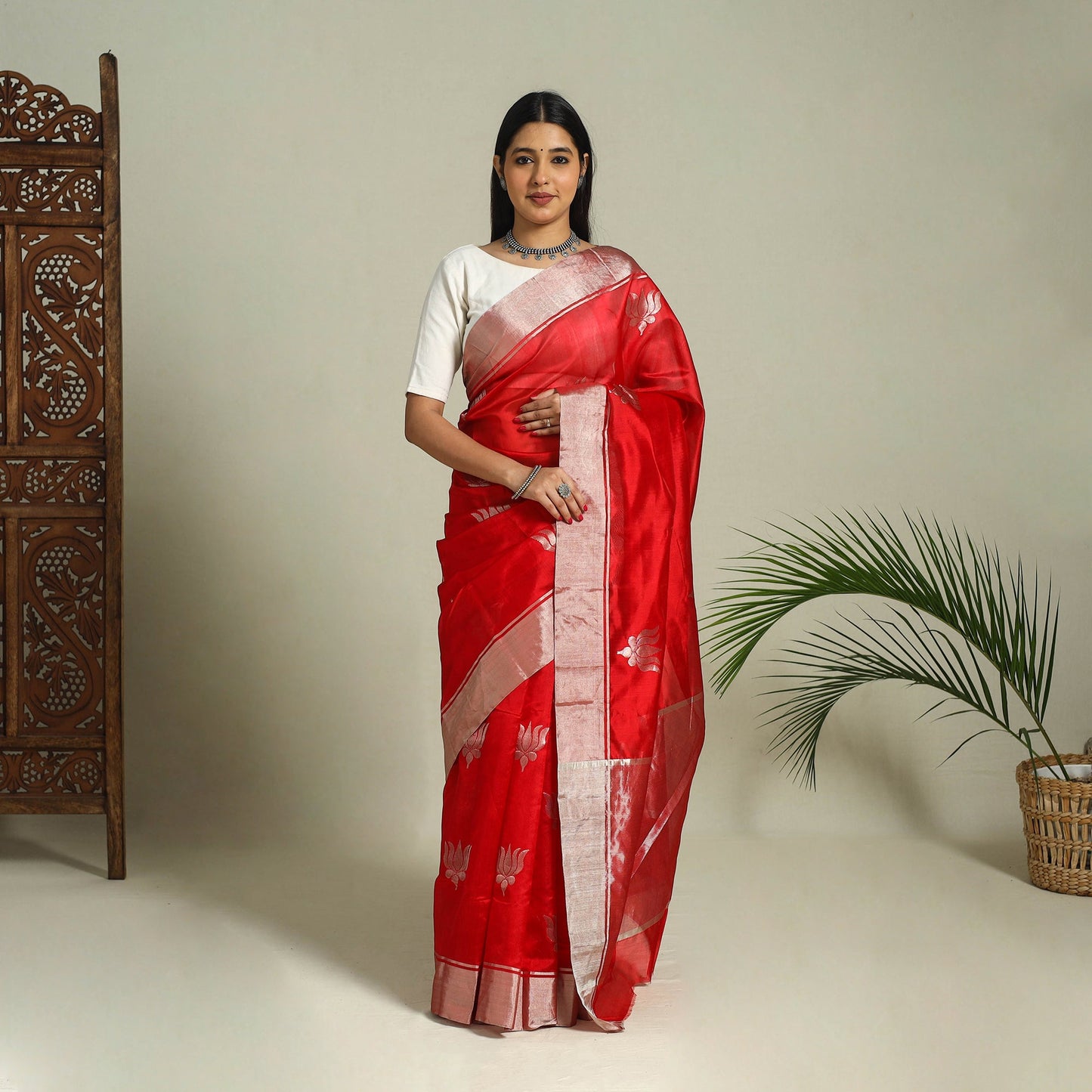  Red Handloom Zari Work Chanderi Silk Saree