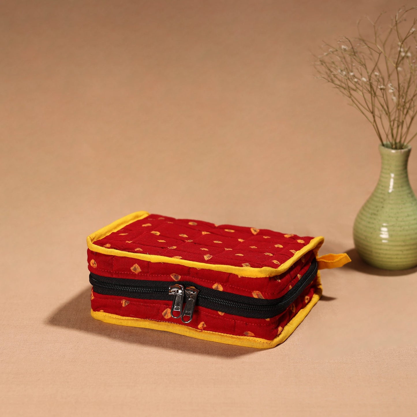 Red Handmade 4 Pockets Cotton Jewellery Bag