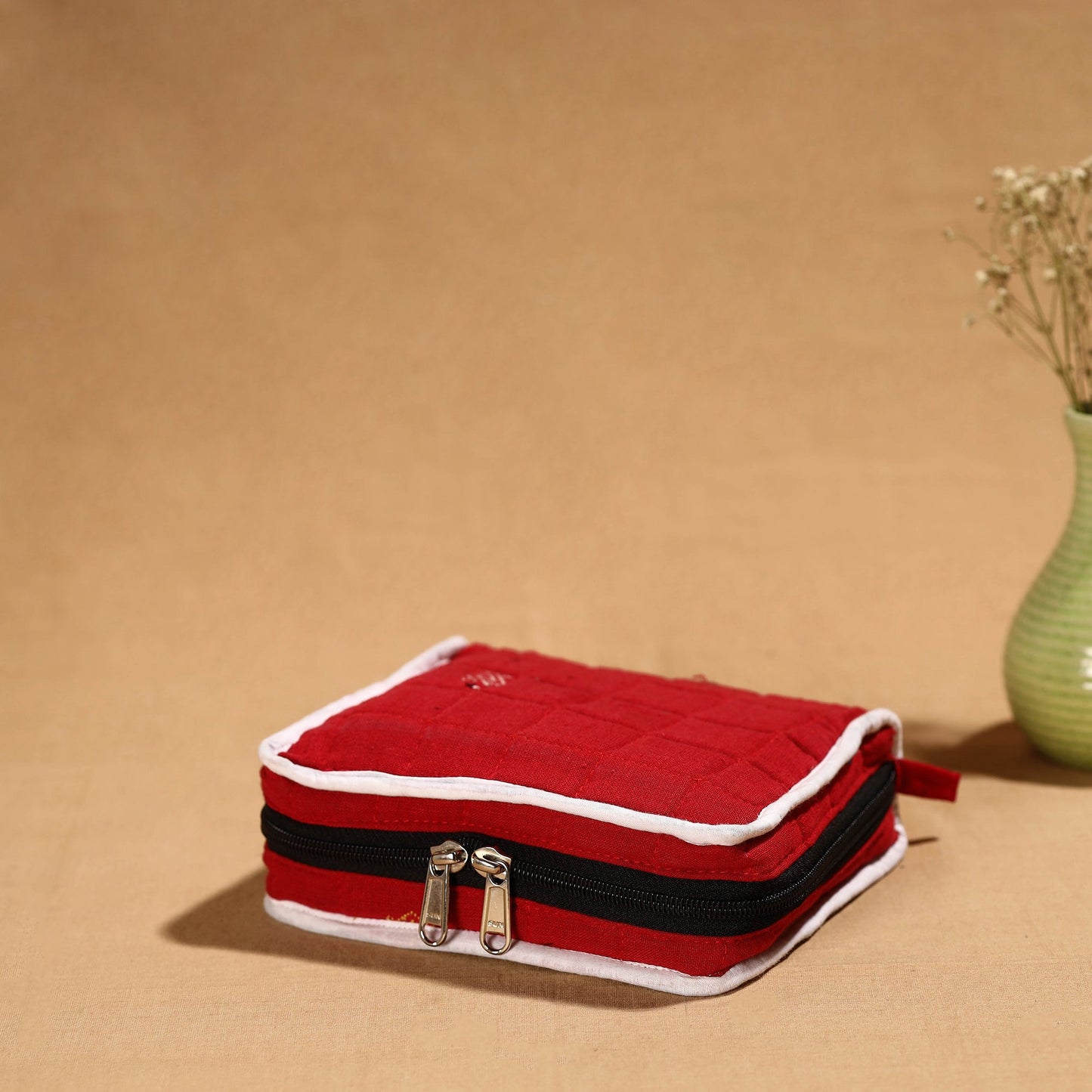 Red Handmade Cotton Jewelry Bag - 4 Pockets | iTokri