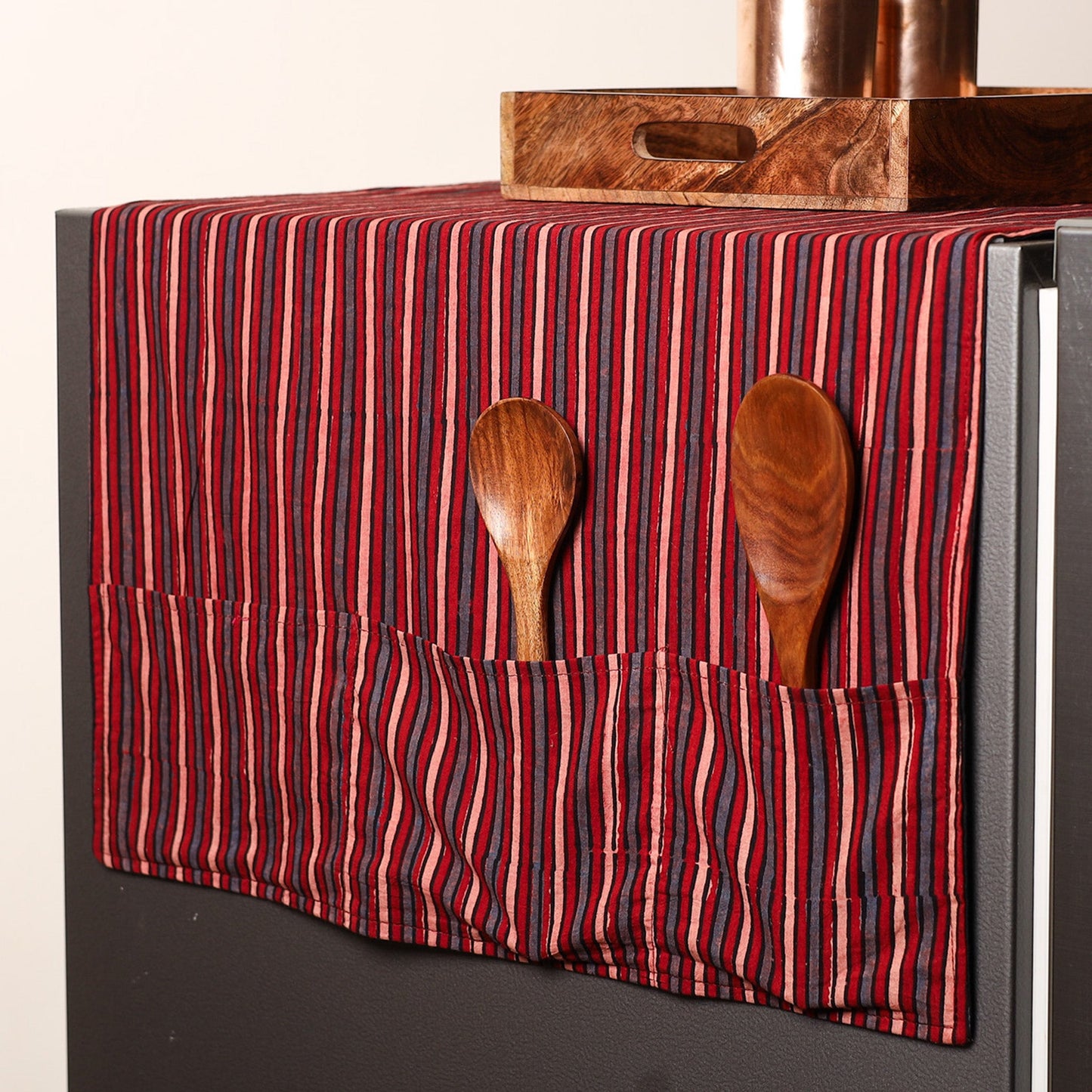 Red Handmade Cotton Fridge Top Cover with Multiple Pockets