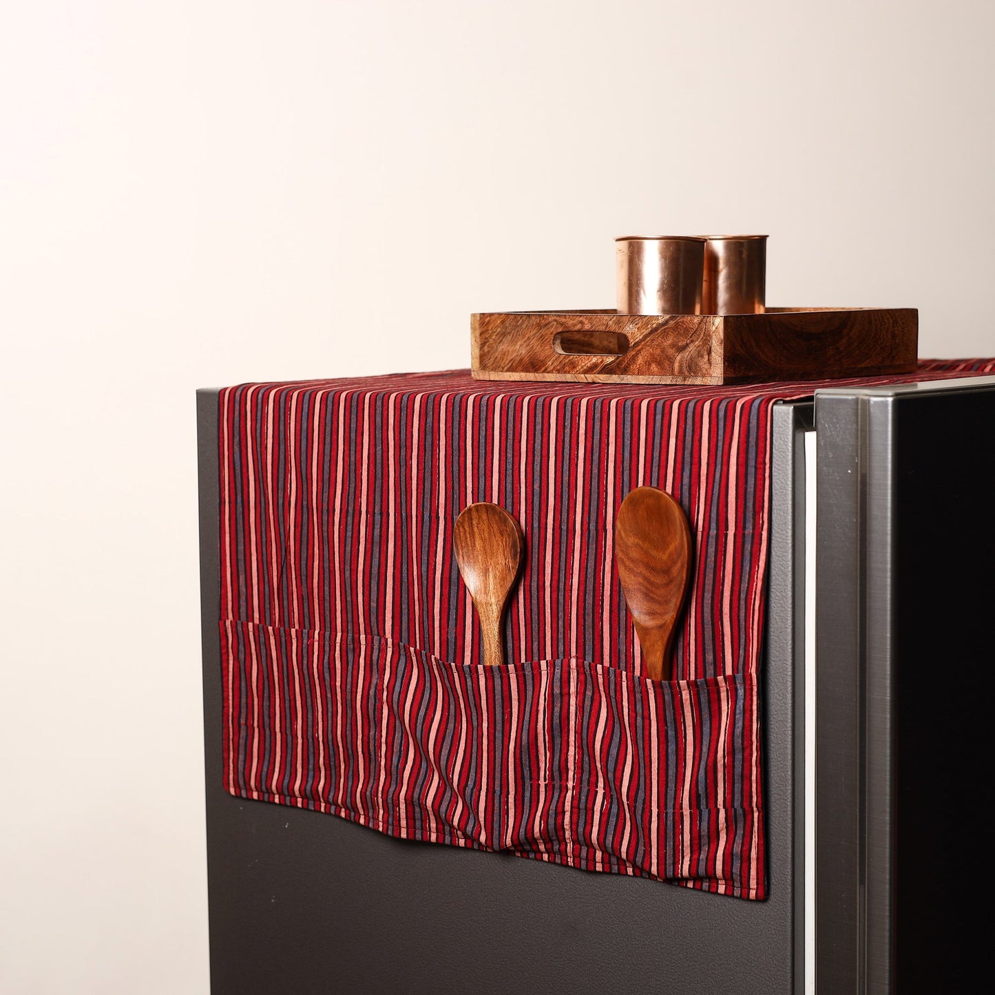 Red Handmade Cotton Fridge Top Cover with Multiple Pockets