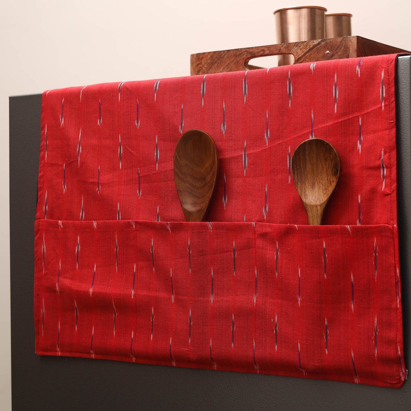 Red Handmade Cotton Fridge Top Cover with Multiple Pockets
