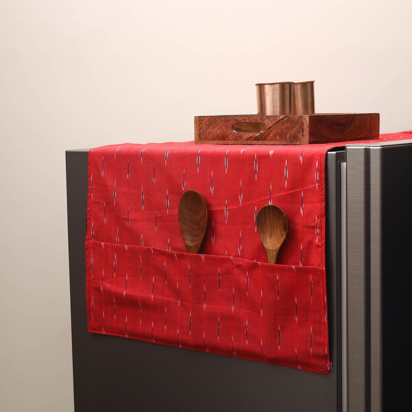 Red Handmade Cotton Fridge Top Cover with Multiple Pockets