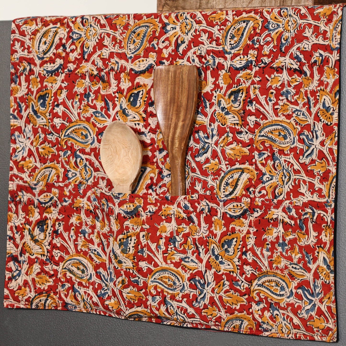 Handmade Cotton Red Fridge Top Cover with Multiple Pockets