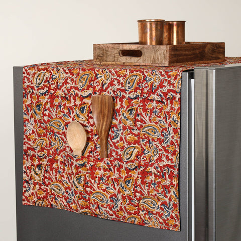 Handmade Cotton Red Fridge Top Cover with Multiple Pockets