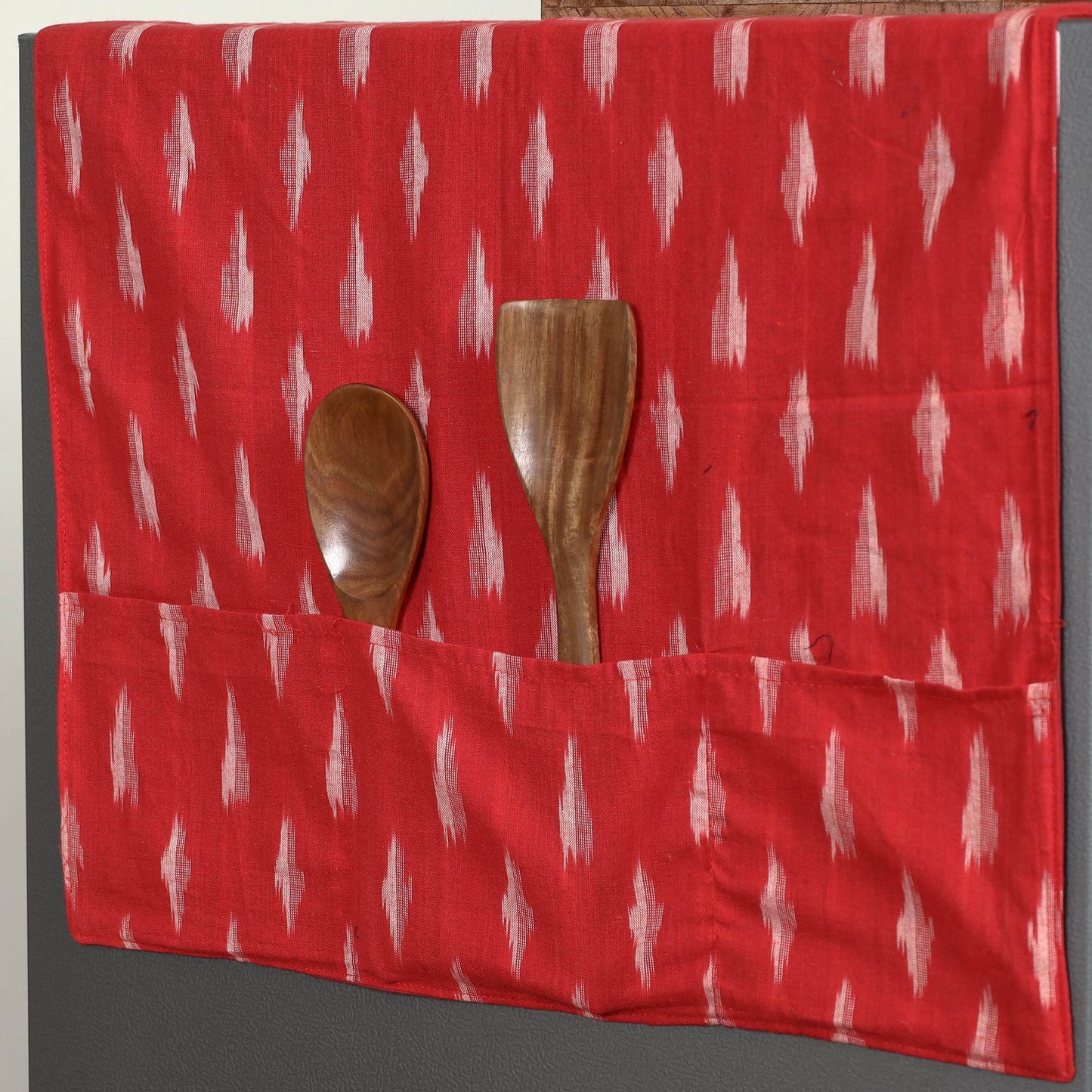 Red Handmade Cotton Fridge Top Cover with Multiple Pockets