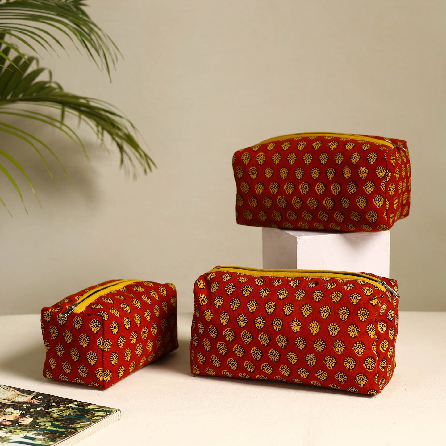  Red Handmade Cotton Toiletry Bags (Set of 3)