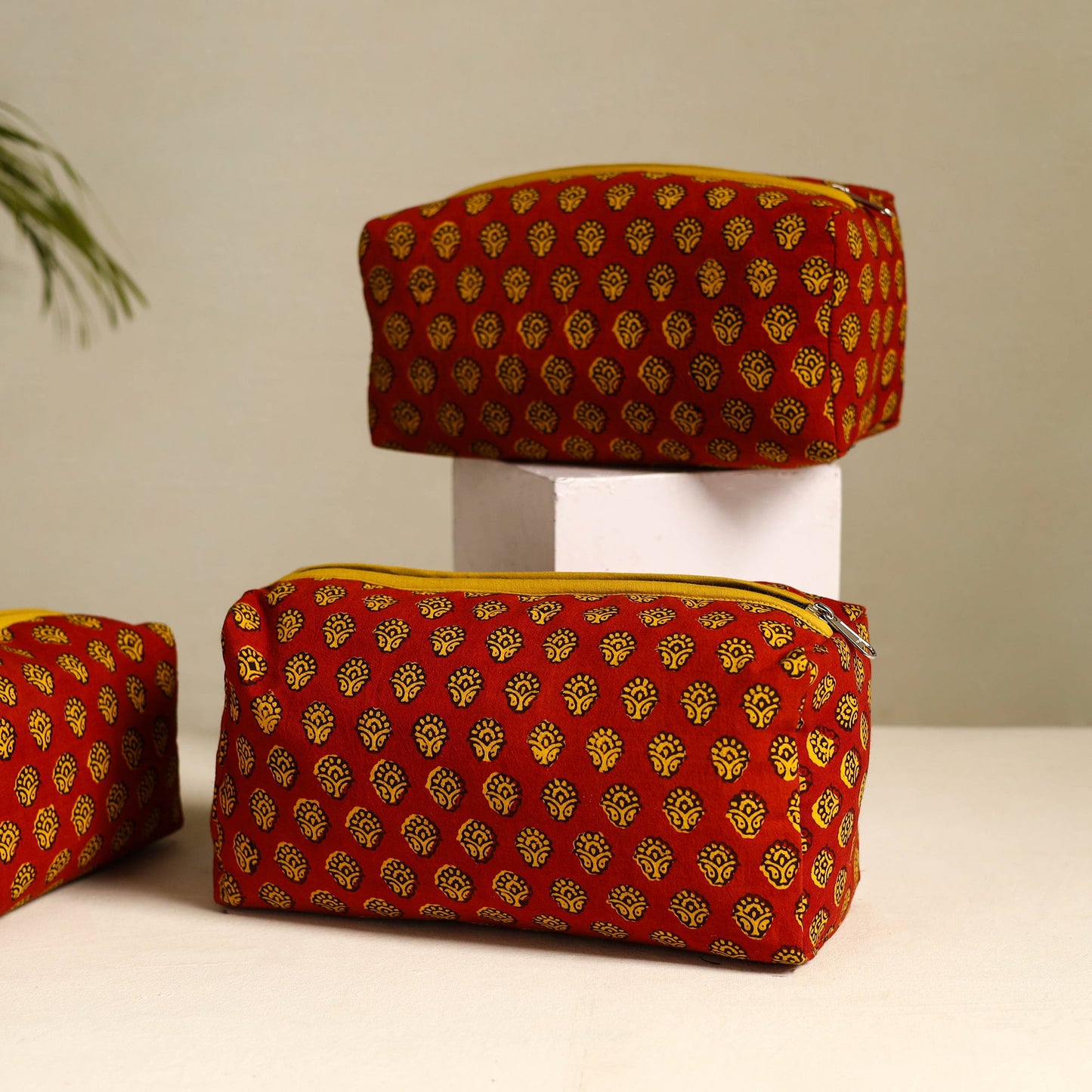  Red Handmade Cotton Toiletry Bags (Set of 3)