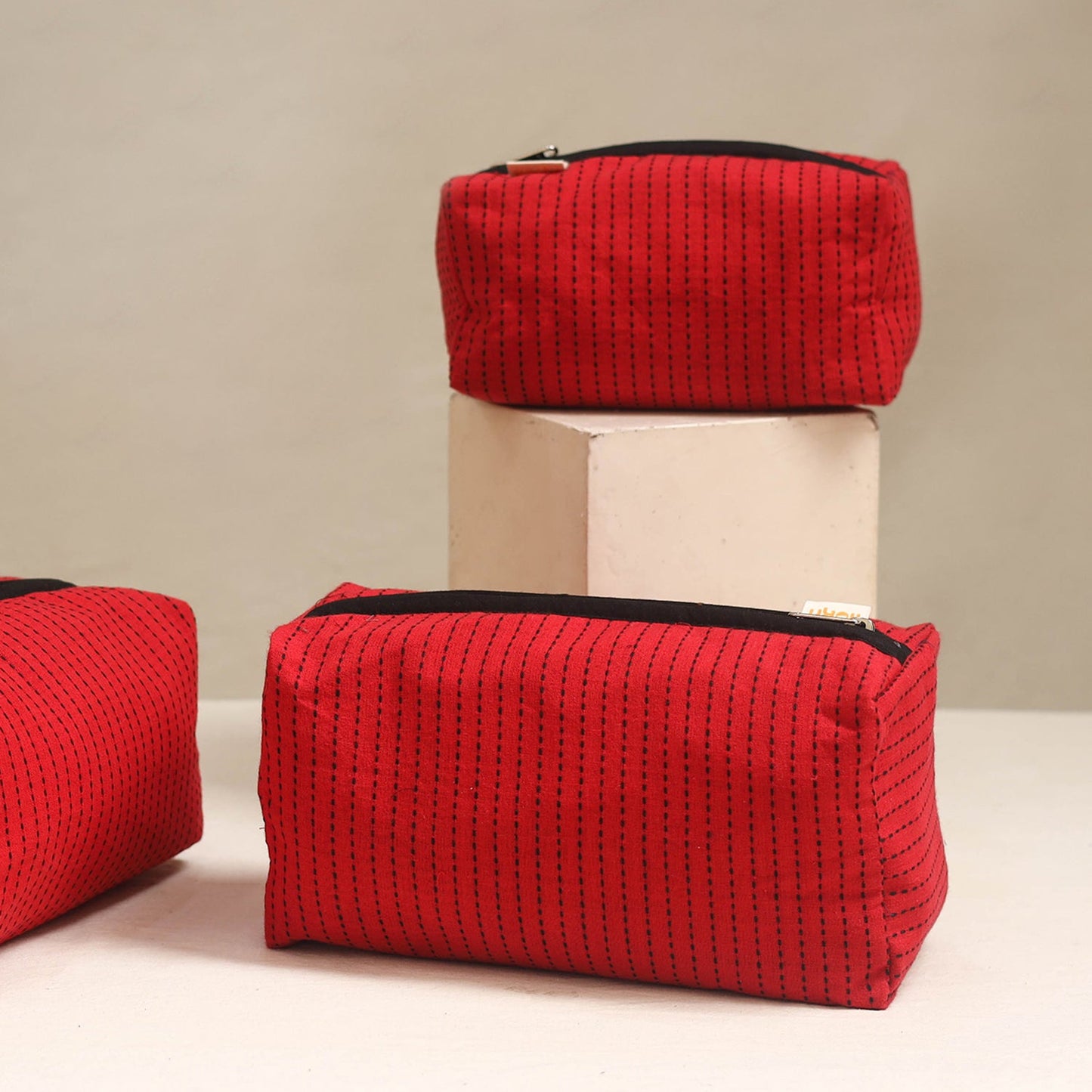 Red - handmade cotton toiletry bags (set of 3) 10